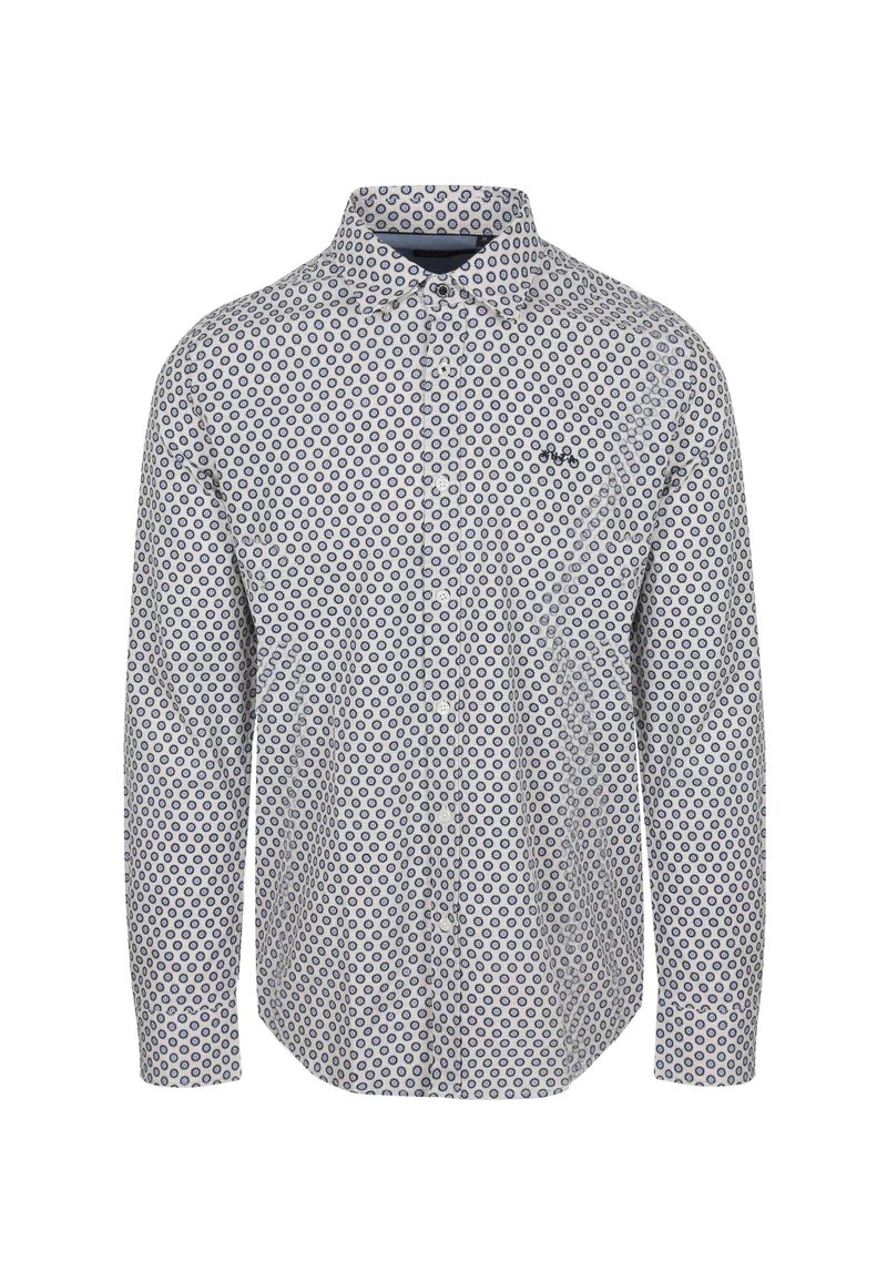 Overhemd met knopen, gemaakt van lichtgewicht stof, met een witte basis en een marineblauw cirkelpatroon. Lange mouwen, klassieke kraag en logo-detail.