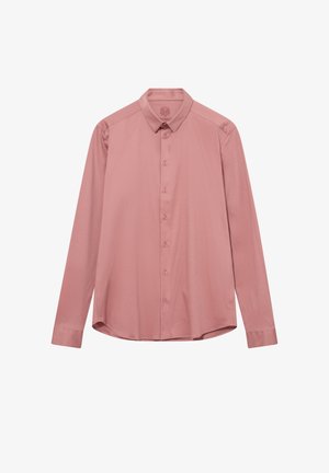 Langärmeliges, staubrosa Hemd mit Knöpfen, klassischem Kragen und geknöpften Manschetten, flach auf weißem Hintergrund dargestellt.
