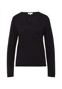 Schwarzer Pullover mit langen Ärmeln und V-Ausschnitt, aus weichem Material gefertigt, mit schmaler Passform und gerippten Details an Ärmeln und Saum.