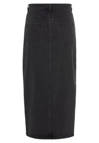 Black denim skirt with a straight cut, two back pockets, and a center back seam. Features a waistband with belt loops.