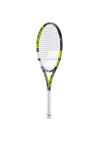 Babolat Tennisschläger mit einem grauen und weißen Rahmen sowie neongelben Akzenten, einem strukturierten weißen Griff und einem Standard-Saitenmuster.