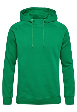 Grøn hoodie lavet af blødt materiale med en kængurulomme, justerbar snor, raglanærmer og ribbede manchetter og kant.