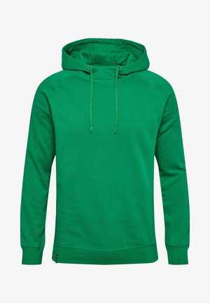 Grøn hoodie lavet af blødt materiale med en kængurulomme, justerbar snor, raglanærmer og ribbede manchetter og kant.