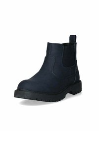 Stivale alla caviglia blu navy in materiale liscio con punta rotonda, pannelli laterali elasticizzati e suola in gomma testurizzata.