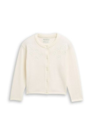 Cardigan blanc en tricot côtelé avec des manches longues, un col rond et sept boutons sur le devant. Présente des accents floraux brodés sur la poitrine.