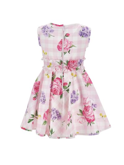 Ροζ και λευκό καρό αμάνικο φόρεμα με ροζ και μοβ λουλουδένια σχέδια και κίτρινες πεταλούδες, διαθέτει φερμουάρ στην πλάτη και ραμμένη μέση.