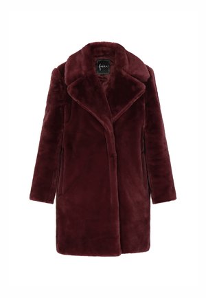 Bordeaux faux fur jas met een brede sleutelrugkraag, lange mouwen en zijzakken. Zachte textuur en recht gesneden ontwerp.