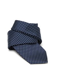 Corbata azul marino hecha de una tela suave con lunares blancos. Presenta un extremo puntiagudo clásico y un diseño cuidadosamente doblado.
