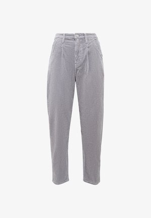 Graue Cordhosen mit einem strukturierten Muster, hohem Bund, vorderen Falten und einem entspannt zulaufenden Bein.