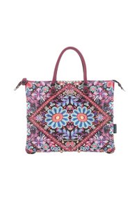 Borsa ricamata colorata con motivi floreali blu e rosa su sfondo scuro, dotata di due manici viola e chiusura con cerniera.