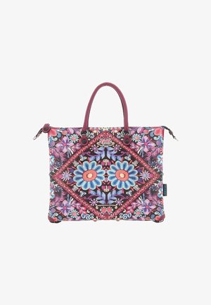 Borsa ricamata colorata con motivi floreali blu e rosa su sfondo scuro, dotata di due manici viola e chiusura con cerniera.