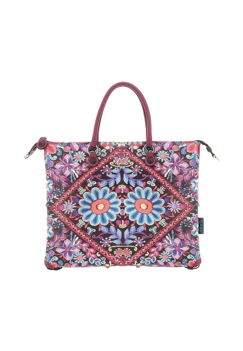 Borsa ricamata colorata con motivi floreali blu e rosa su sfondo scuro, dotata di due manici viola e chiusura con cerniera.
