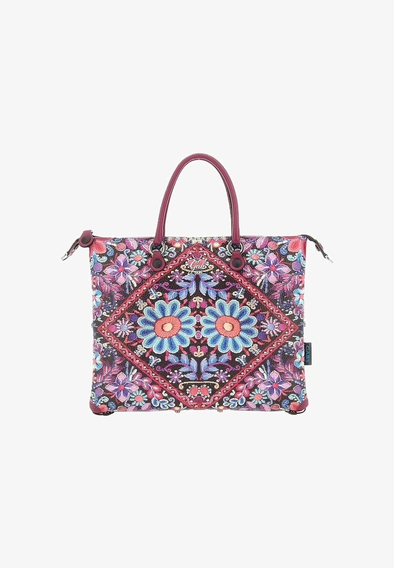 Borsa ricamata colorata con motivi floreali blu e rosa su sfondo scuro, dotata di due manici viola e chiusura con cerniera.