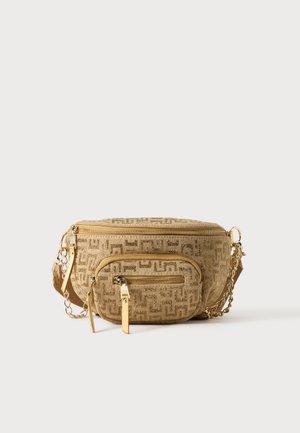 Beige textured waist bag with gold zipper pulls, two zip compartments, and a chain-accented adjustable strap on a white background.