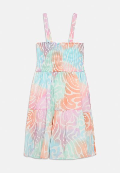 Ένδυμα σε πολλά επίπεδα με πολύχρωμα στρώματα, διαθέτει κορσάζ με ελαστική ραφή, λεπτές τιράντες και συνδυασμό παστέλ σχεδίων σε αποχρώσεις ροζ, μπλε και πορτοκαλί.