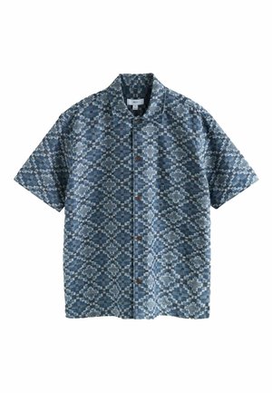 Kurzarmhemd in Blau-Tönen mit geometrischem Muster, Knopfverschluss und einem weichen, strukturierten Stoff.