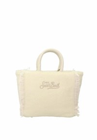 Beige shopper met franjes en geborduurd logo, gemaakt van zacht stof. Voorzien van twee afgeronde handvatten voor gemakkelijk dragen.