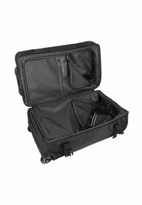 Valigia nera con ruote, realizzata in tessuto resistente; interno spazioso con scompartimenti con zip; ruote scorrevoli; design pratico per i viaggi.