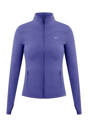 Lila Zip-Jacke mit hohem Kragen, langen Ärmeln und zwei Seitentaschen. Hergestellt aus dehnbarem Material mit glatter Textur.