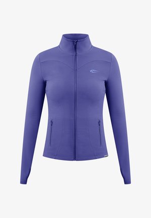 Lila Zip-Jacke mit hohem Kragen, langen Ärmeln und zwei Seitentaschen. Hergestellt aus dehnbarem Material mit glatter Textur.