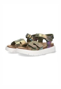 Metallic gold and green sandals featuring two wide straps, a textured leather surface, and a white rubber sole with gripped tread.