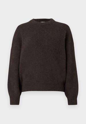 Dunkelbrauner langärmliger Pullover aus strukturiertem Strickstoff mit Rundhalsausschnitt und gerippten Bündchen sowie Saum.