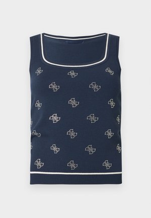 Donkerblauw tanktop met witte bies. Heeft een herhalend patroon van kleine, lichtgekleurde motieven. Gemaakt van zacht, gestructureerd gebreid stof.