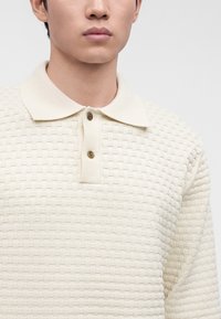 Jeune homme portant un pull polo en maille texturée crème avec une patte de boutonnage à deux boutons et un col doux sur un fond uni.