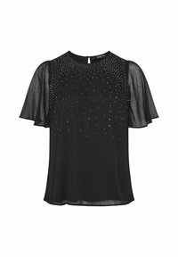 Blusa nera a maniche corte con scollatura tonda, dotata di maniche svolazzanti trasparenti e un motivo di strass scintillanti sulla parte frontale.