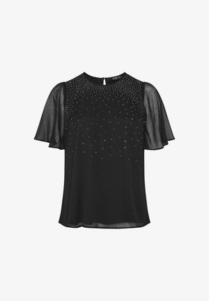 Schwarze kurzärmlige Bluse mit Rundhalsausschnitt, versehen mit durchsichtigen Flatterärmeln und einem glitzernden Nietenmuster auf der Vorderseite.