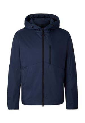Navy blue hooded jacket with front full-length zipper, zippered chest pocket, and adjustable drawstrings on the hood.