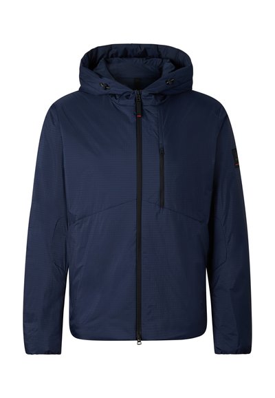 Navy blue hooded jacket with front full-length zipper, zippered chest pocket, and adjustable drawstrings on the hood.