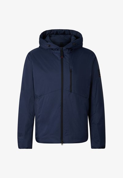 Navy blue hooded jacket with front full-length zipper, zippered chest pocket, and adjustable drawstrings on the hood.