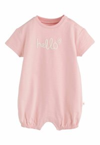 Világos rózsaszín rövid ujjú baba rugdalózó gumírozott lábnyílásokkal és a mellkasán található, "hello" felirat kis virággal.