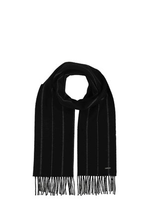Zwarte sjaal met verticale strepen en fringes aan de uiteinden. Gemaakt van zacht materiaal, het heeft een gladde textuur en een minimalistisch ontwerp.