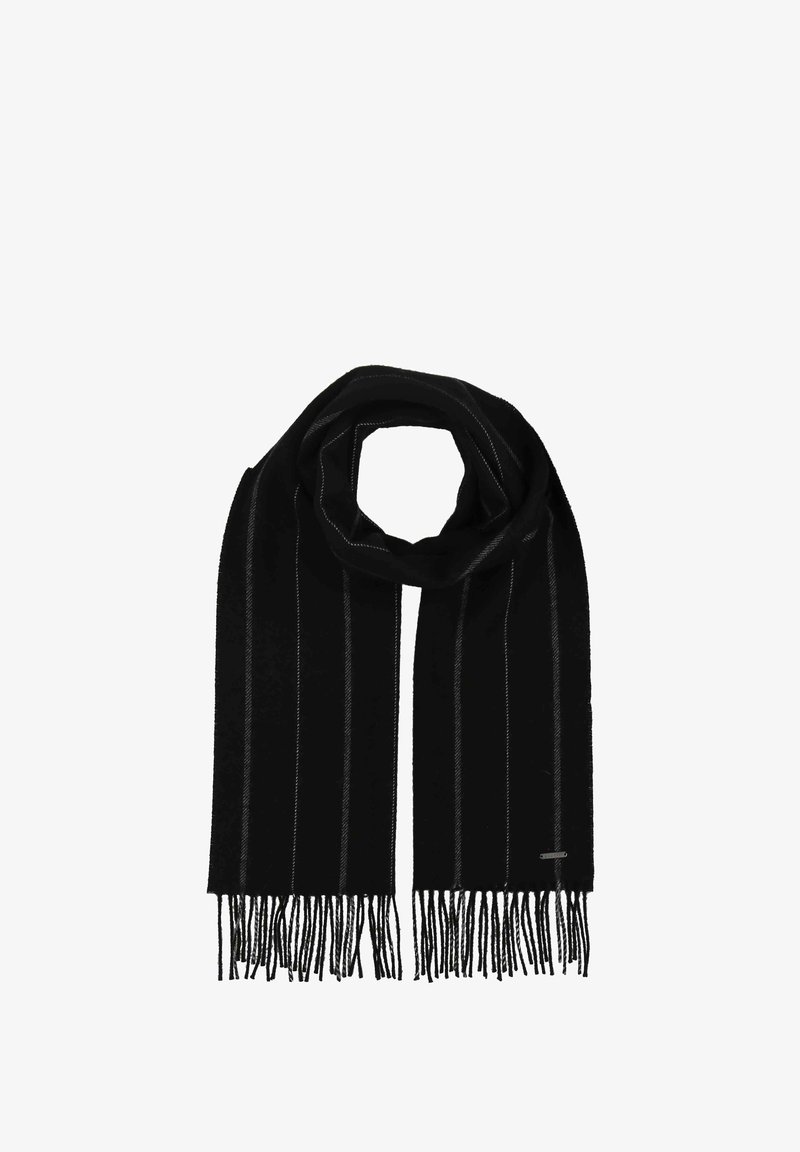 Écharpe noire à rayures verticales et bords frangés. Fabriquée en matériau doux, elle présente une texture lisse et un design minimaliste.