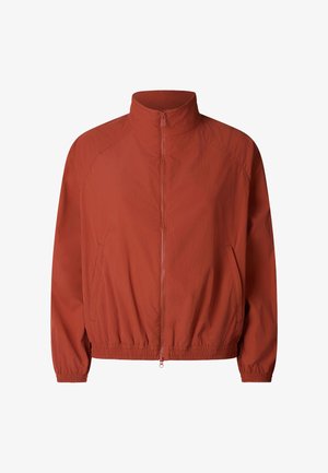 Rust-colored lightweight jacket with full front zipper, high collar, elastic cuffs, and hem.