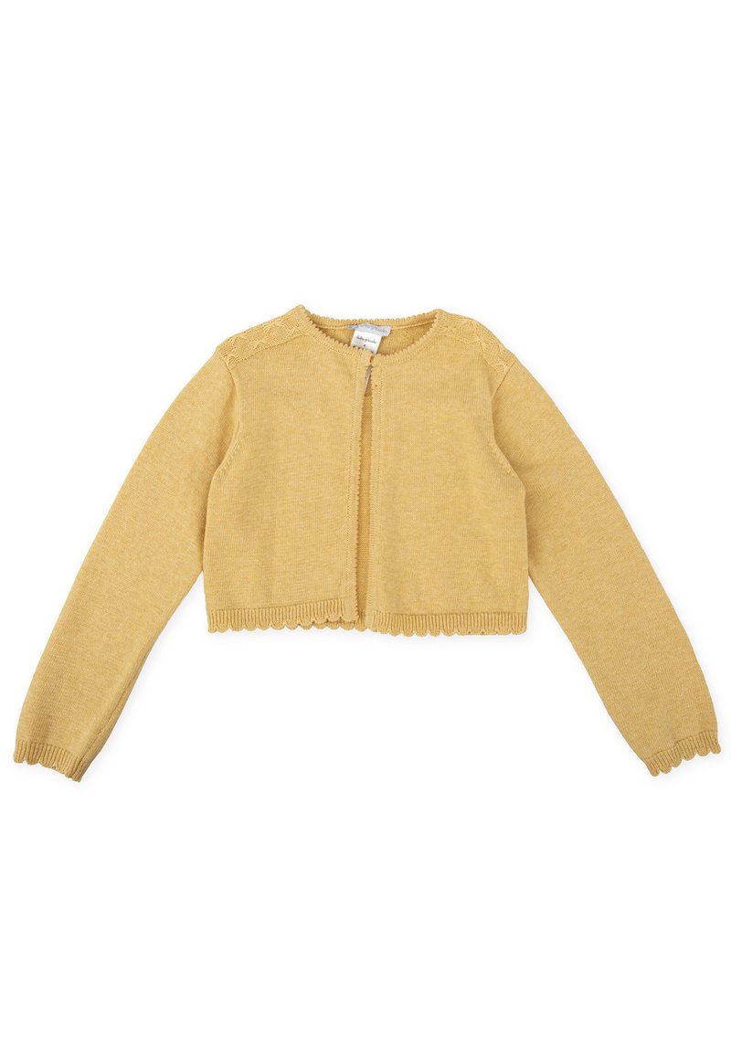 Cárdigan corto de punto amarillo con escote redondo, mangas largas y bordes en forma de concha en el dobladillo y el cuello. Cierre con cremallera en la parte frontal.