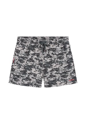 Shorts de bain pour hommes avec motif camouflage numérique noir et blanc et taille avec cordon de serrage ajustable.