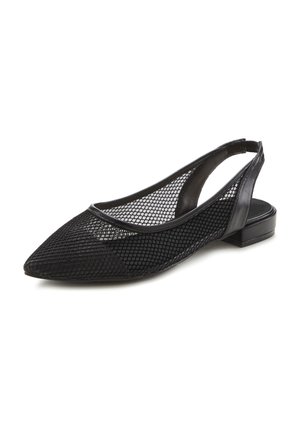 Black mesh slingback flats with pointed toe and low block heel. Textured upper with a pattern of small woven openings and smooth trim.