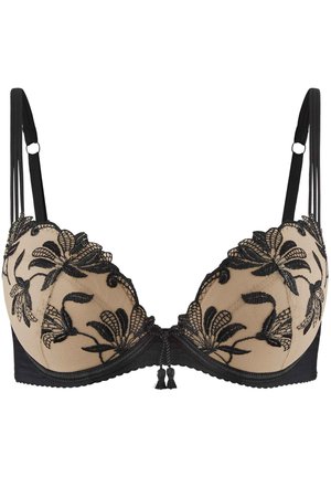 Soutien-gorge en dentelle noire avec des bonnets en maille beige, broderies florales, bretelles réglables et un nœud décoratif avec des franges au centre.
