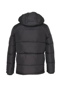 Giacca a vento nera con cappuccio, caratterizzata da un design trapuntato, polsini elasticizzati e una texture liscia e lucida. Nessuna minuteria o logo visibile.