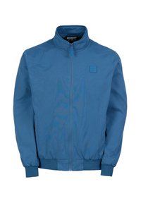 Blaues Bomberjacke mit Stehkragen, durchgehendem Reißverschluss, elastischen Bündchen und einem kleinen Logoschriftzug auf der Brust. Aus glattem Stoff gefertigt.