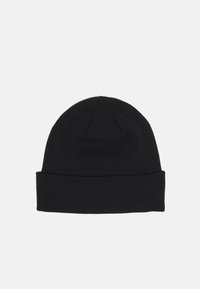 Black knitted beanie with a rolled cuff, featuring a smooth texture and a rounded top. Designed for warmth and comfort.