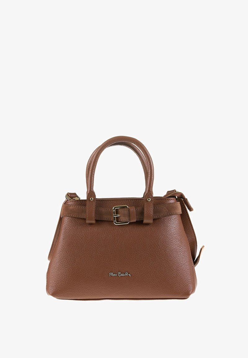 Bruine leren handtas met een gestructureerde vorm, twee bovenhandvatten en een afneembare schouderband. Bevat een gespaccent en subtiele logo-details.
