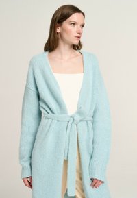 Light blue, knitted cardigan with long sleeves and a tie waist. Features a deep V-neck and ribbed texture along the cuffs and hem.