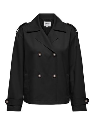 Trench coat corto nero a doppiopetto con ampi revers, spalline, polsini con bottoni e tasche laterali.