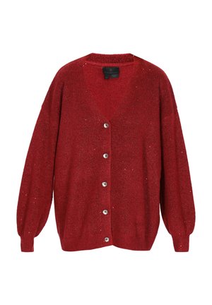 Cardigan rosso lavorato a maglia con scollo a V, maniche lunghe e bottoni grandi. Texture scintillante, vestibilità rilassata e polsini a coste.
