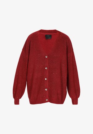 Cardigan rosso lavorato a maglia con scollo a V, maniche lunghe e bottoni grandi. Texture scintillante, vestibilità rilassata e polsini a coste.