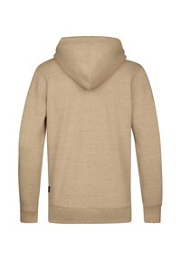 Beżowa bluza z kapturem o teksturowanym wykończeniu, wyposażona w kaptur z troczkami, długie rękawy oraz ściągacze na mankietach i dole. Brak widocznych logo czy wzorów.